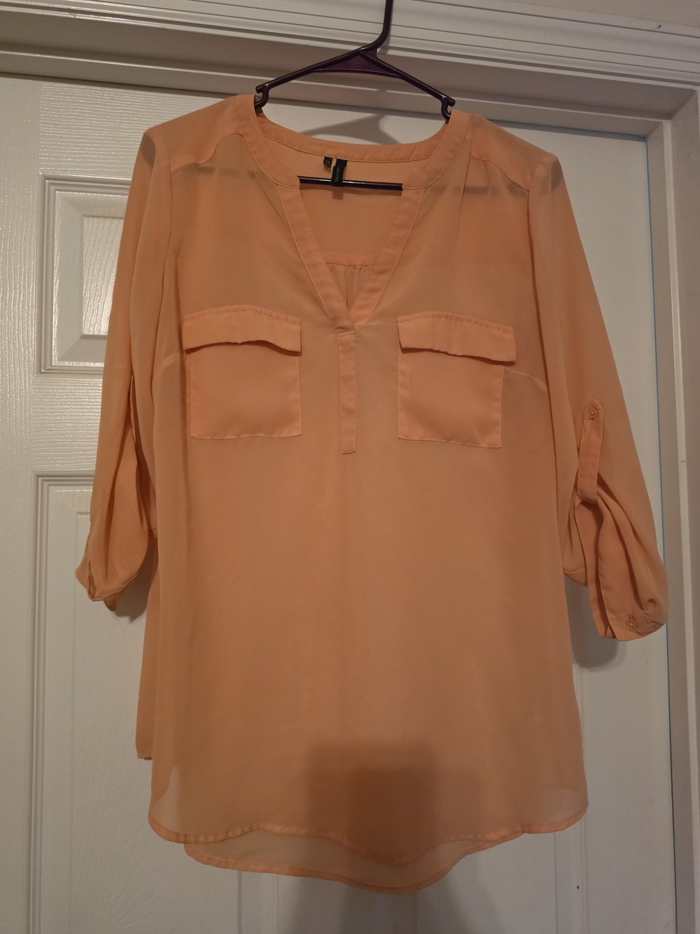 Maurices Peach V-Neck Roll-Tab Blouse